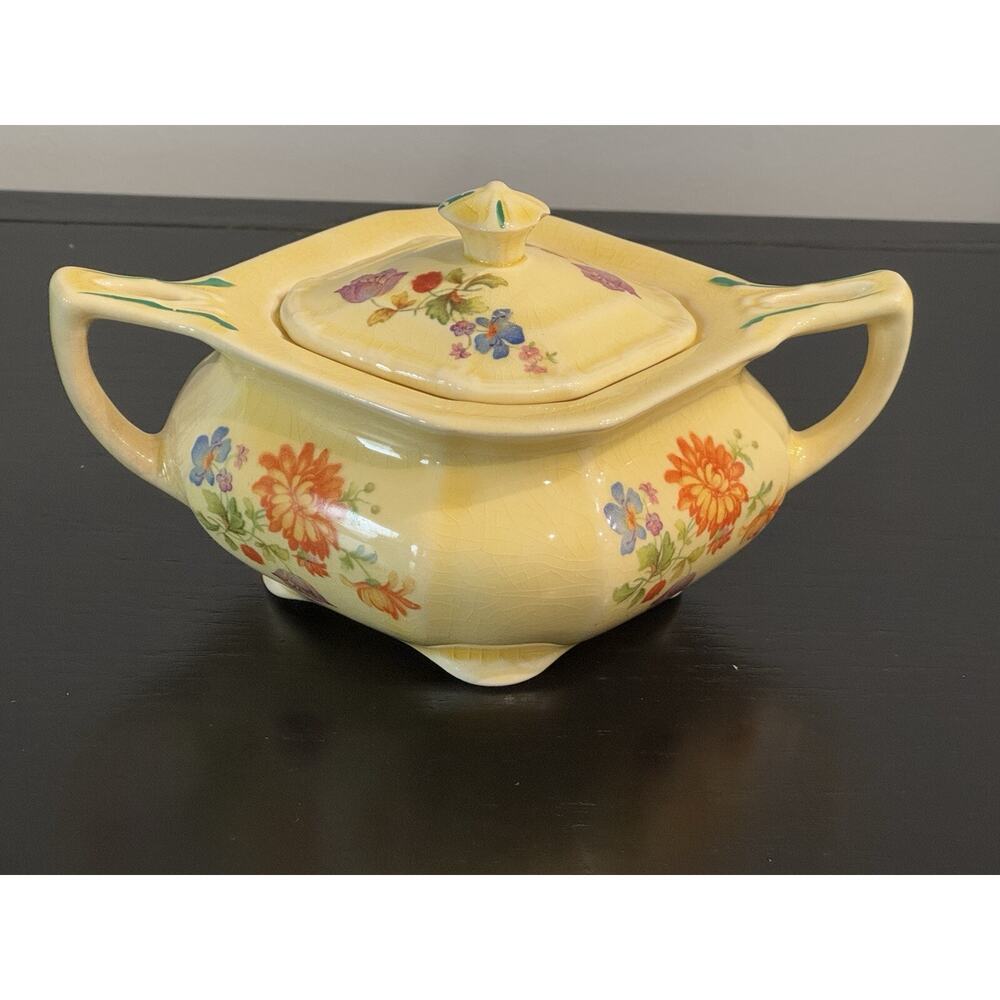 Vintage Madrid Yellow Floral Sugar Bowl Dish Lid Cottagecore Kitchen Decor